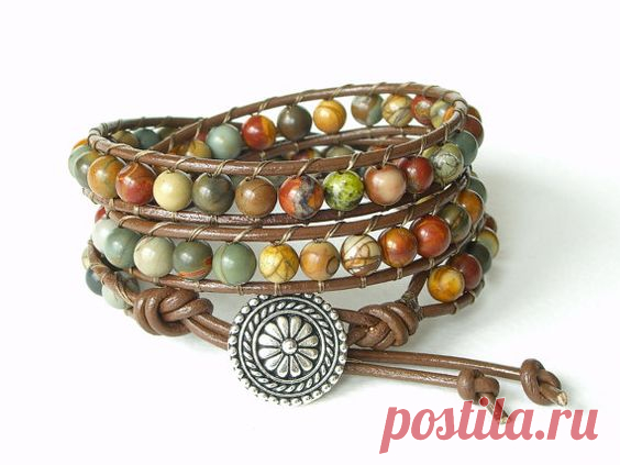 Boho chic - beaded greek leather wrap bracelet with picasso jasper beads & Tierra Cast button