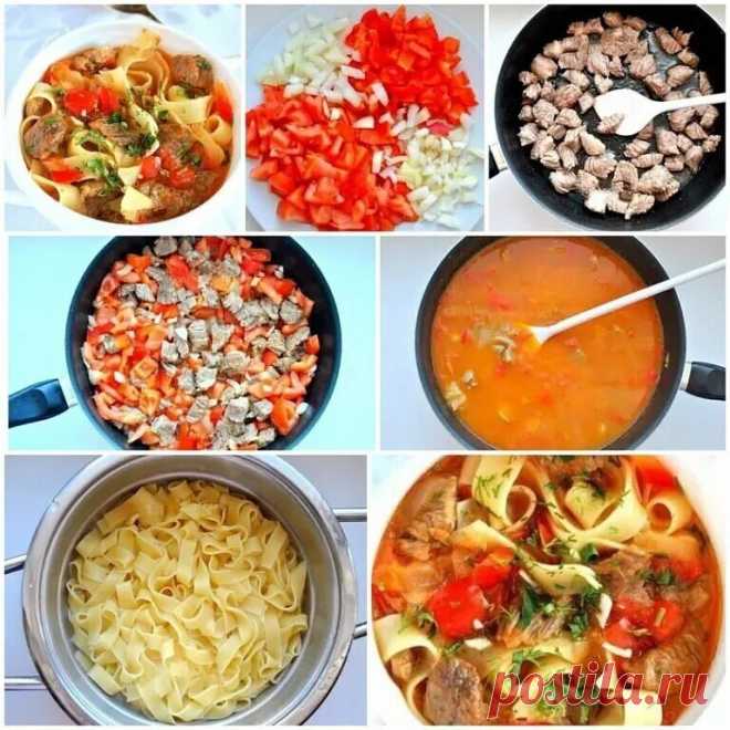 Вкуснейший лагман 
Лагман — популярное среднеазиатское национальное блюдо, а если точнее, то просто густой суп. Его главными составляющими являются мясо, лапша и овощи. Сохраните рецепт и приготовьте обязательно, равнодушных не останется!
Ингредиенты:
Мясной бульон — 1,5 л
Телятина — 500 г
Лапша — 300 г
Сладкий перец — 2 шт.
Большие помидоры — 2 шт.
Большая луковица — 1 шт.
Чеснок — 2-3 зубчика
Петрушка — 1 пучок
Растительное масло — 3-4 ст. л.
Соль, черный перец — по вкус...