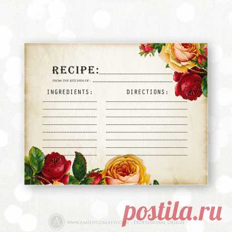 Printable Recipe Card Retro Rose Shabby Chic Bridal by AmeliyCom