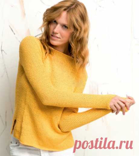 Размеры S / М / L / XL 
Размеры: ОГ 86/94/102/110 см, длина 60 см 

Вам потребуется: пряжа (100% лен) 500/550/600/650 г = 10/11/12/13 мотков желтого 784.0013, спицы № 4,5. Длинные круговые спицы № 4,5. 
Узор I: спицы № 4,5: Жемчужный: лиц. сторона: 1 изн., 1 лиц. Изн. сторона: 1 лиц., 1 изн., т. е. сместить узор по отношению к лиц. стороне. В круговом вязании = Ряд 1: 1 изн., 1 лиц. Ряд 2: = 1 лиц., 1 изн., т. е. сместить узор по отношению к 1-му ряду. 
Узор II: спицы № 4,...