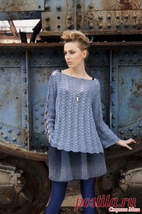 Пуловер с вырезом "лодочка". Свободный пуловеp, связанный двухцветным узором “Павлинье перо”. Он вяжется по кругу до начала рукавов. Размеры XS/S, M/L, 1Х/2Х, на фото на показан размер XS/S. https://www.liveinternet.ru/