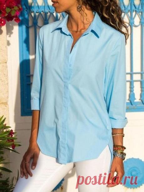 Women Casual Turn down collar Plain Long Sleeve Blouses - Cicicloth