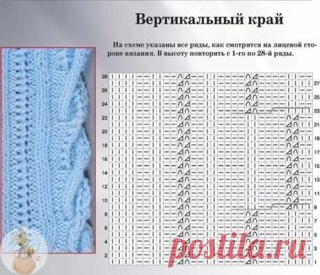 КРАСИВЫЙ ВЕРТИКАЛЬНЫЙ КРАЙ ИЗДЕЛИЯ ДЛЯ КАРДИГАНА,СНУДА И Т.Д.
Условные обозначения: вертикальная штриховка - лиц. петля,горизонтальная
- изнаночная петля. Дуга - накид. Треугольник - 2 петли вместе лицевой.
Зигзаг - 6 петель оставить на вспомогательной спице за работой,6
лицевых,затем провязать 6 петель лицевыми со вспомогательной спицы.
ОБРАТИТЕ ВНИМАНИЕ! В схеме даны лицевые и изнаночные ряды..
Сохраняйте в свои копилочки нажав "Поделиться" или "Мне нравится".