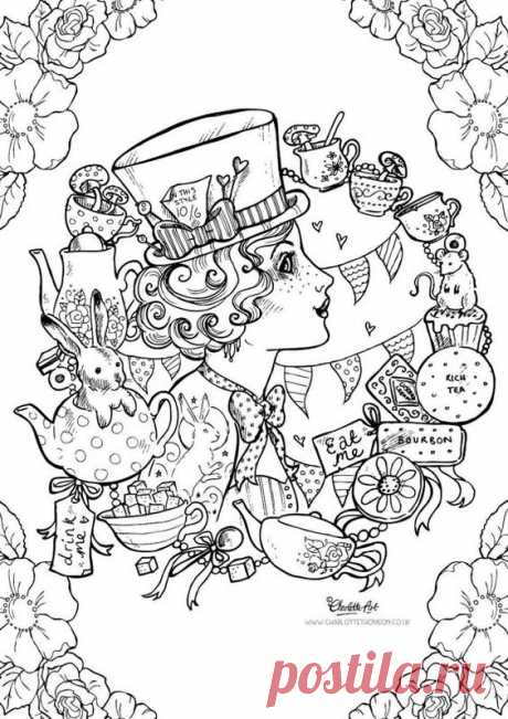 Adult Colouring Page. Mad Hatter Alice in Wonderland. Steampunk Gothic Victorian Tattoo (Instant Download PDF and JPEG file for Coloring)
