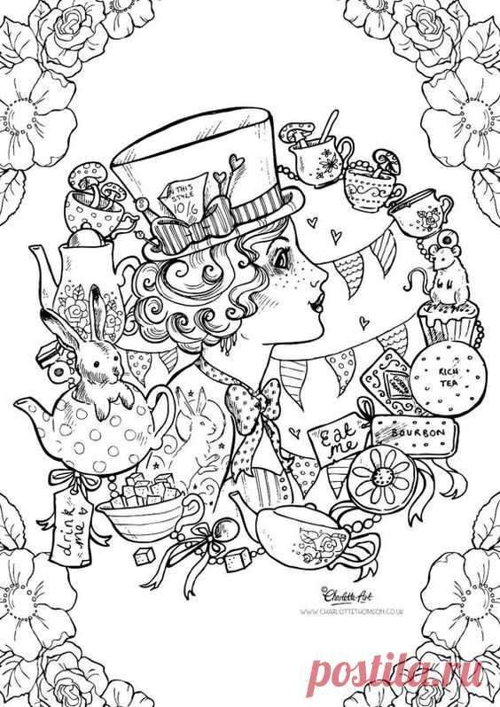 Adult Colouring Page. Mad Hatter Alice in Wonderland. Steampunk Gothic Victorian Tattoo (Instant Download PDF and JPEG file for Coloring)