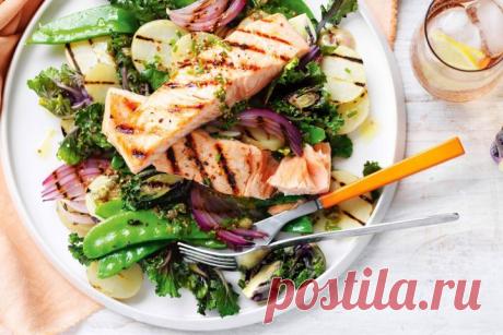 Barbecued potato and kalette salad with salmon