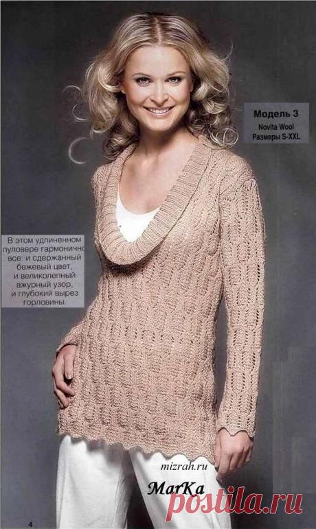 Длинный пуловер-туника спицами. Все размеры!