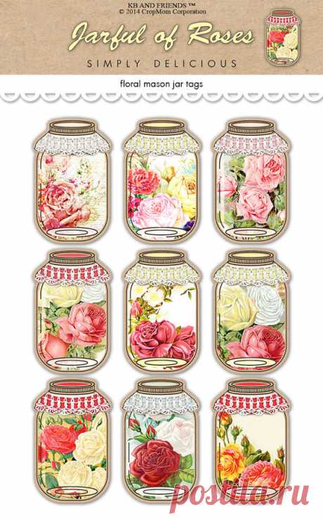Digital Shabby Chic Romantic Roses Mason Jar Tags by KBandFriends