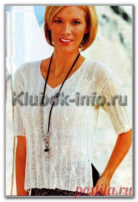 Вязание спицами. Женские модели. Летний однотонный пуловер с V-вырезом и косами. Размеры: 34/36 (38/40) 42/44