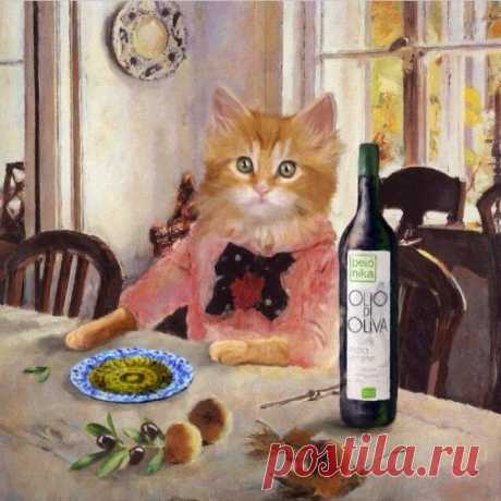 портрет юного Борисыча &quot;Котик с Персиками (и маслом)&quot; спасибо, @sobaka_ru! Борисыч с любимым желе употребляет только масло Belonika - поэтому у него такой пушистый хвост и роскошные мохнатые уши (вам надо такие же)! это была реклама, да! #котики #борисыч #картинасмаслом