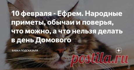 10 февраля - Ефрем. Народные приметы, обычаи и поверья, что можно, а что нельзя делать в день Домового Какой праздник отмечается 10 февраля в народном календаре. Ефрем, Ефрем-ветродуй, день Домового. Народные приметы на предстоящую погоду 10 февраля. Народные обычаи и поверья, что можно, а что нельзя делать 10 февраля. По народным поверьям, в этот февральский день очень часто неожиданно случаются приятные события. Например, может исполниться заветное желание или поступит р...