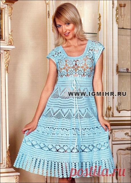 Романтичное ажурное платье бирюзового цвета. Крючок