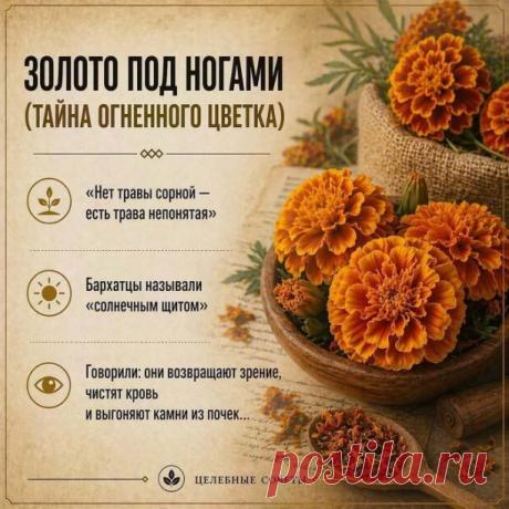 Золото, на которое ты каждый день наступаешь — и не знаешь его силы 

 Старые знахари говорили:
«Нет травы сорной — есть трава непонятая».
Бархатцы, которые сегодня просто украшают клумбы,
раньше называли «солнечным щитом».
Верили, что этот цветок впитывает первый свет,
чтобы потом отдать его человеку:
очистить кровь, вернуть ясность взгляду
и выгнать лишнее из организма.
В народе считалось:
если правильно приготовить бархатцы —
они «прожигают» любую тьму внутри.