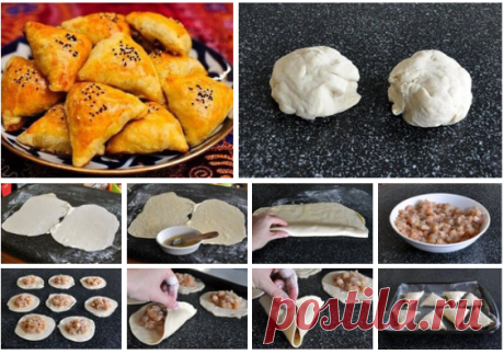 Слоеная Самса с Курицей

Ингредиенты
мука 1 1/2 чашка
вода 1/2 чашки
соль 1/2 чайных ложки
сливочное масло 7 столовых ложек (растопленное)
куриная грудка 2 штуки (половинки, нарезанные мелкими кубиками)
луковица 1/2 штуки (средняя, натертая на мелкой терке)
зира 1/8 чайных ложки
кинза 1/2 чайных ложки
соль
перец
яйцо 1 штука (взбитое вилкой)
кунжутные семечки (для посыпки)

Инструкции
1. Приготовить тесто. Смешать в миске муку, воду и соль до получения однородной массы. Ра...