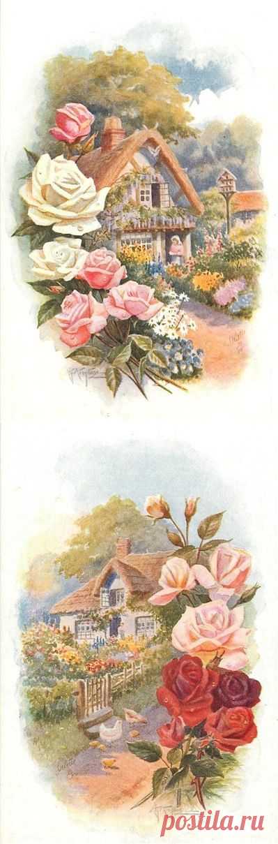 Картинки для творчества. Уютные домики в цветах.