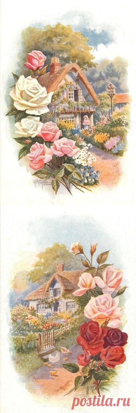 Картинки для творчества. Уютные домики в цветах.