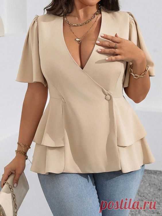 Blusa Fashion Plus size de Manga Curta e Decote em V em Cor Sólida para Mulheres