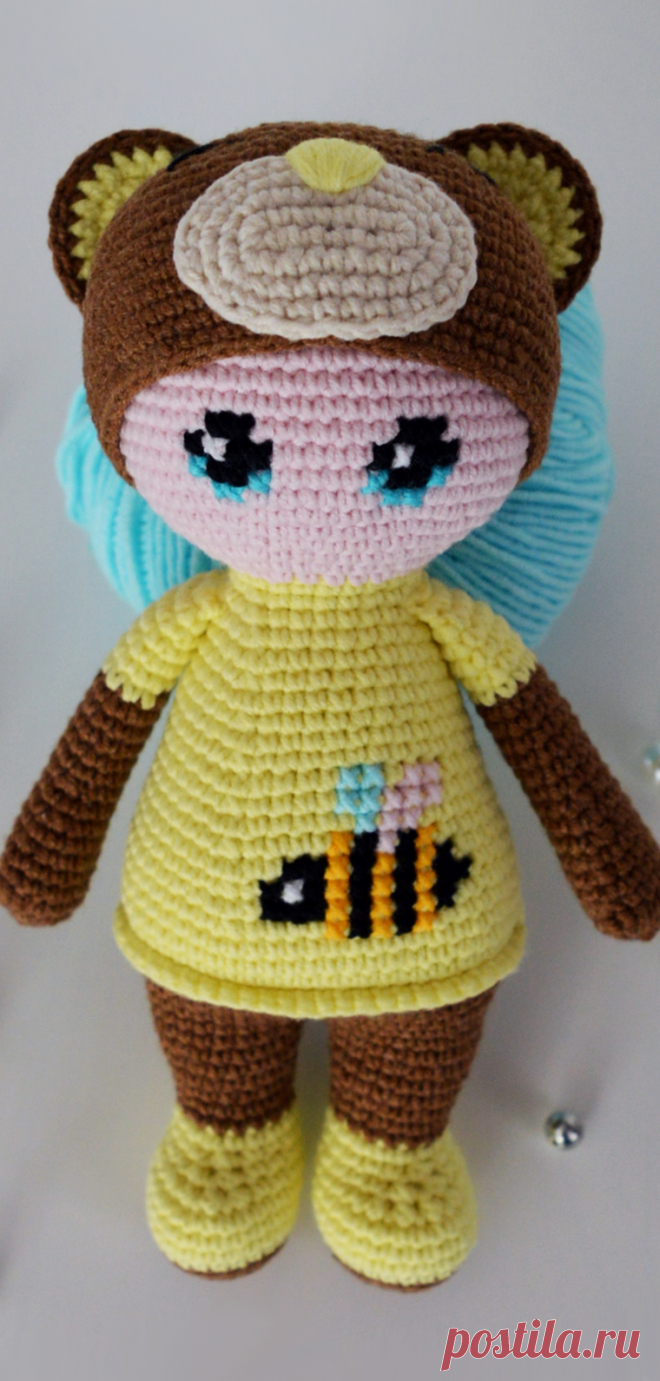 PDF Пупс в костюме мишки крючком. FREE crochet pattern; Аmigurumi doll patterns. Амигуруми схемы и описания на русском. Вязаные игрушки и поделки своими руками #amimore - Кукла, doll puppet, muñeca boneca, poupée, puppe, panenka, bebek, lalka, медвежонок, мишка, медведь, bear. Amigurumi doll pattern free; amigurumi patterns; amigurumi crochet; amigurumi crochet patterns; amigurumi patterns free; amigurumi today.