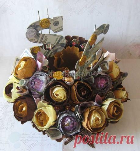 Букет для мужчины из конфет и бутылки коньяка. Мастер-класс с фото