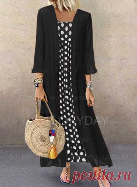 Plus Size Polka Dot Round Neckline Casual Buttons Maxi Plus Dress - Floryday