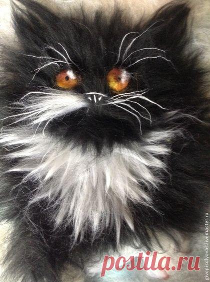 Купить Картина из шерсти Котик - черно-белый, котик, шерстяная акварель, картина в подарок, картина