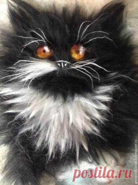 Купить Картина из шерсти Котик - черно-белый, котик, шерстяная акварель, картина в подарок, картина