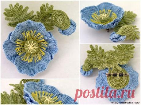 Вязаная брошь - &quot;Голубой мак&quot;. Мастер класс.