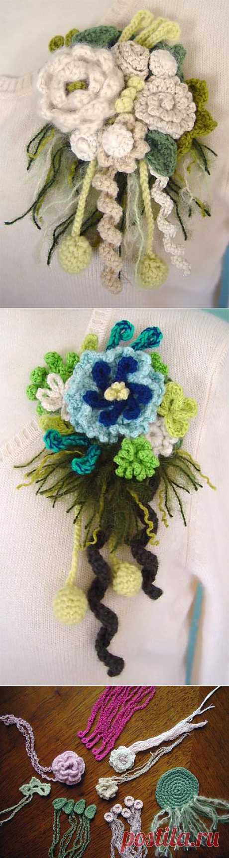 *NOW WITH PHOTO TUTORIAL* A great way to use up scrap yarn! Brooches! - CROCHET