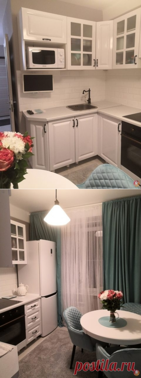 Сделали невыполнимое. На эту 6-метровую кухню вместили холодильник, обеденный стол, духовку.