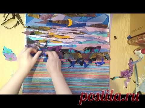 ТЕКСТИЛЬНАЯ ПИЦЦА/ ЗИМНИЙ ПЕЙЗАЖ, ВЕЧЕР, ЛУНА, ДОМИКИ/ИЗ ОБРЕЗКОВ ТКАНИ, ТЮЛИ, ГИПЮРА (1)