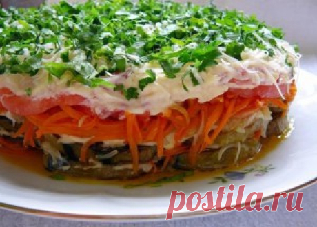 Салат с баклажанами остренький и ароматный  прекрасная закуска ,слои нужно выкладывать очень аккуратно  что бы салат был ярким и украсил праздничный стол.