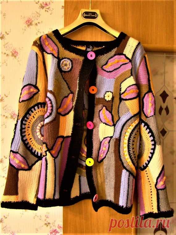 Beautiful Fashion Bright Colorful Cardigan Freeform Style, Women Knitted Long Sleeve Jacket, Crochet Pullover, Pure Wool Jacket Warm Sweater Beautiful, Fashion, Bright Colorful, Cardigan, Freeform Style, Women Knitted, Long Sleeve, Jacket, Crochet Pullover, Pure Wool, Jacket, Warm Sweater  Authors design.  Very elegant pure wool womens jacket knitted in the style of freeform is suitable for any age and occasion. Size: L-XXL Bust: 52cm.