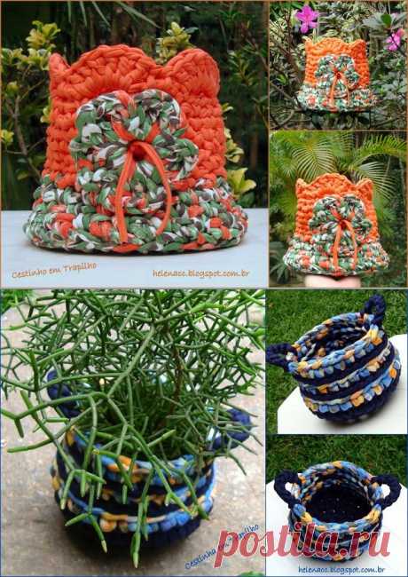 EU TAMBÉM CROCHETO...: Dois cestinhos em Trapilho: laranja-estampado e azul-estampado
