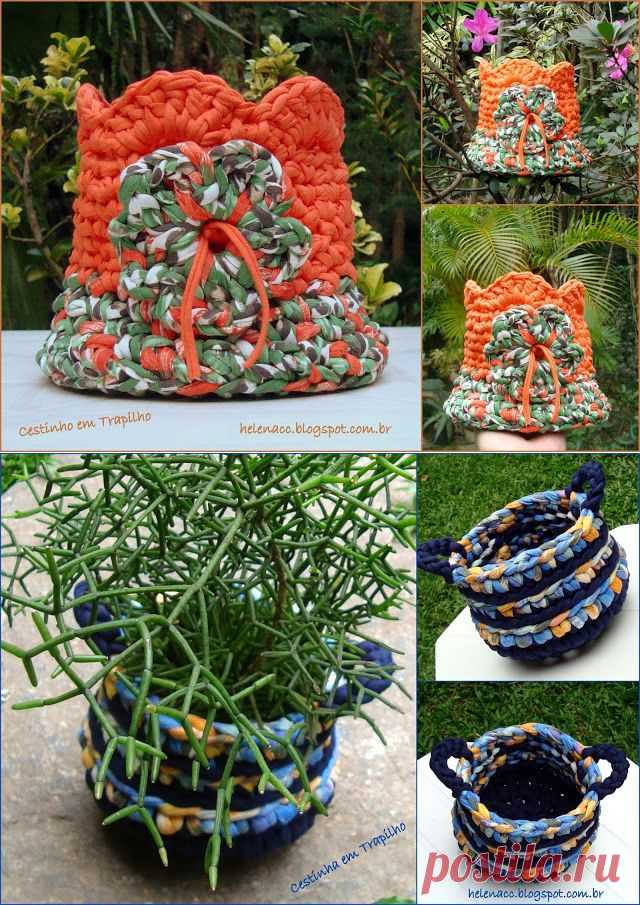 EU TAMBÉM CROCHETO...: Dois cestinhos em Trapilho: laranja-estampado e azul-estampado
