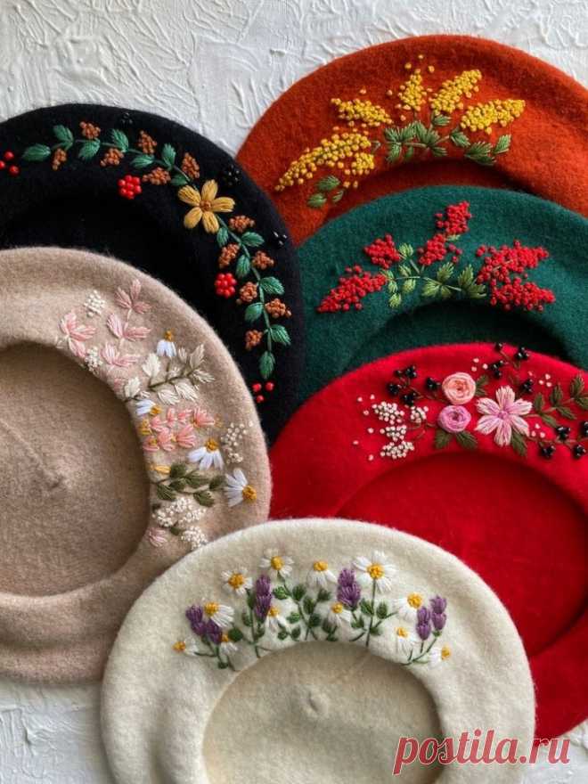 Вышитые береты Модная одежда и дизайн интерьера своими руками