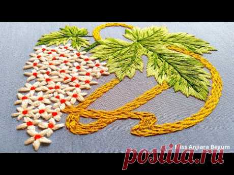 Cute Leaf Hand Embroidery with small Flowers, Leaf & Flowers Embroidery by Miss Anjiara Begum-315