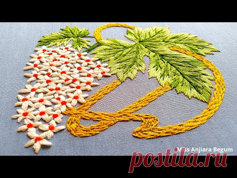 Cute Leaf Hand Embroidery with small Flowers, Leaf & Flowers Embroidery by Miss Anjiara Begum-315