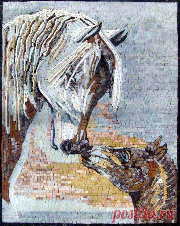 Mosaic Mural - Marble Horses This is a handmade marble mosaic that is composed of 100% natural stones and hand cut tiles. It shows the picture of Two beautiful Horses using earth tone colors. Customization available for size and borders to best fit your indoor or outdoor walls. Mosaic Uses: Floors Walls or Tabletops both Indoor or Outdoor as well as wet places such as showers and Pools.
