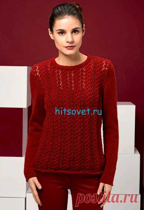 Ажурный джемпер с косами спицами -нежный , женственный