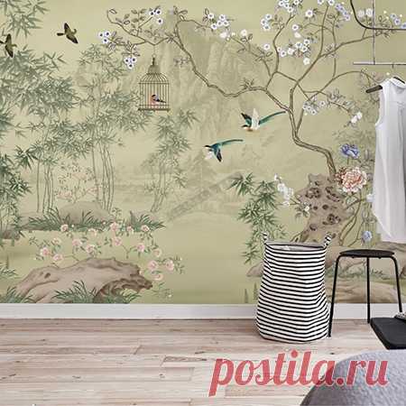 Tapisserie Murale Sépia Jardin Zen Fleur Oiseau Arbre Bambou - Atelier WYBO