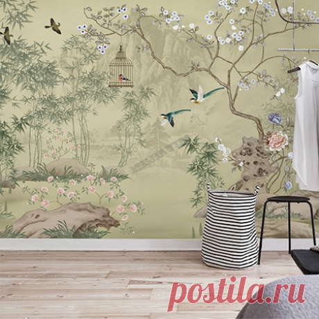 Tapisserie Murale Sépia Jardin Zen Fleur Oiseau Arbre Bambou - Atelier WYBO