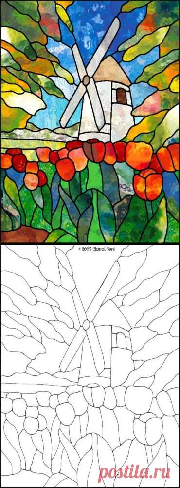 Dutch Windmill and Tulips - Stained Glass Pattern