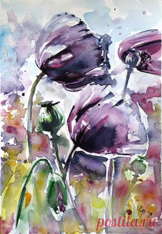 Artist: Kovacs Anna Brigitta; Watercolor 2013 Painting "Poppy SOLD"