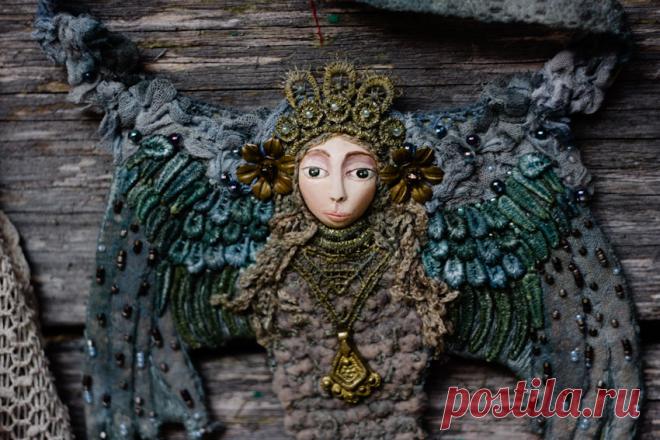 Купить Текстильное колье "Алконост" - колье, купить колье, авторское колье, ожерелье, славянский стиль