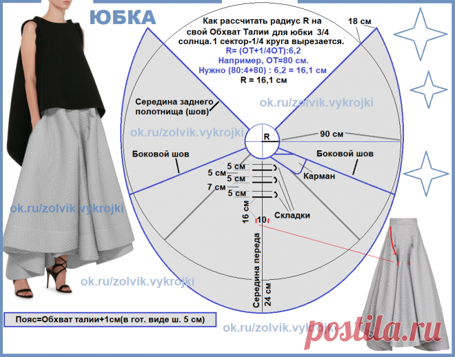 КАК СКРОИТЬ ОРИГИНАЛЬНУЮ ЮБКУ-МАКСИ С ПЕРЕПАДОМ ДЛИНЫ
  #юбки
Юбка-макси с перепадом длины. Молния в заднем среднем шве. Пояс шириной 5 см. По низу юбки широкая обтачка (17 см), которая помогает держать форму линии низа .
 На переднем полотнище юбки три прошитые поперечные складки. И две продольные складки -защипа. В боковых швах-карманы с подкройными бочками.