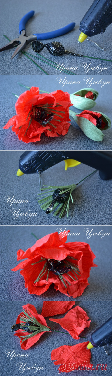 Маки из конфет и гофрированной бумаги — Сделай сам, идеи для творчества - DIY Ideas