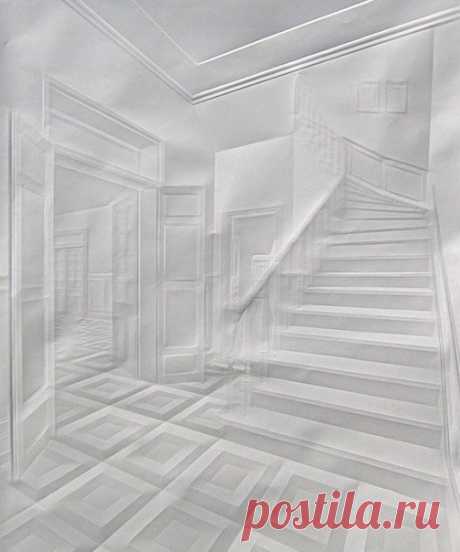 Немецкий художник Саймон Шуберт (Simon Schubert) создает картины на абсолютно чистом листе, не используя красящих пигментов. Трехмерный эффект работ, который можно увидеть с расстояния не более трех метров, достигается путем складывания, продавливания и перегибания бумажного полотна. / Рукоделие