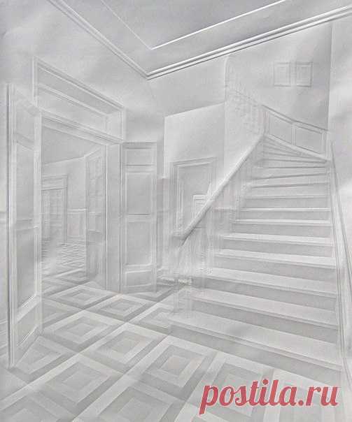 Немецкий художник Саймон Шуберт (Simon Schubert) создает картины на абсолютно чистом листе, не используя красящих пигментов. Трехмерный эффект работ, который можно увидеть с расстояния не более трех метров, достигается путем складывания, продавливания и перегибания бумажного полотна. / Рукоделие