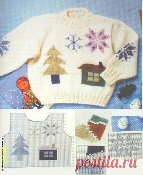 Детский пуловер Снежинки,Домик