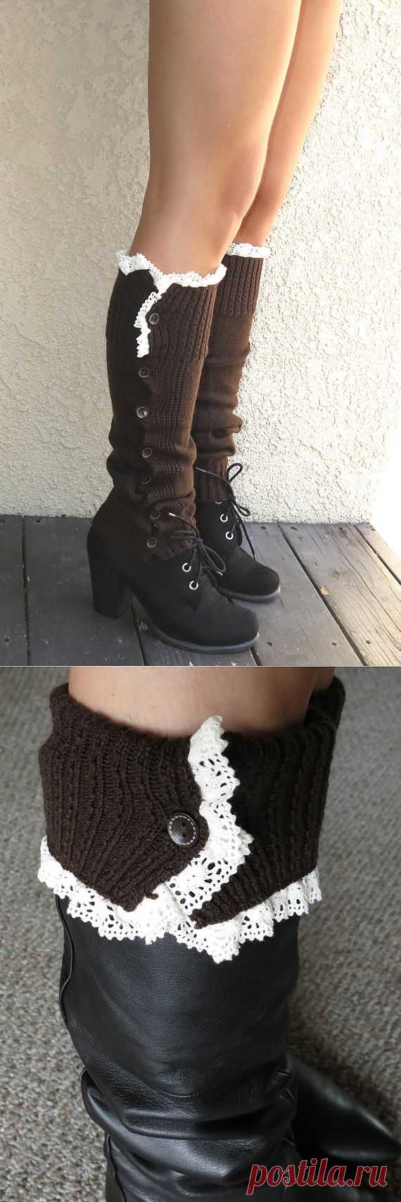 Brown Open Crochet Knit Leg Warmers Boot by DesignerScarvesWorld